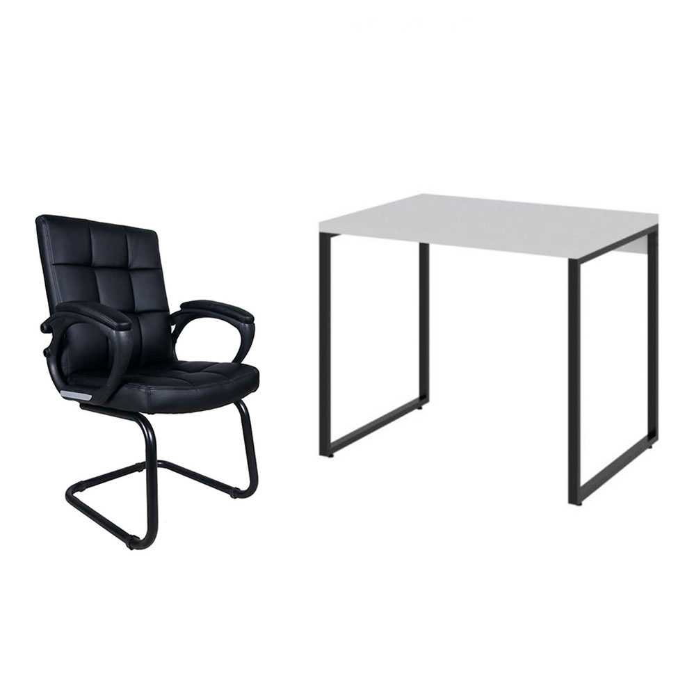 Conjunto de Mesa Kuadra Branca com Cadeira de Escritório Interlocutor Fixa Charles Preta