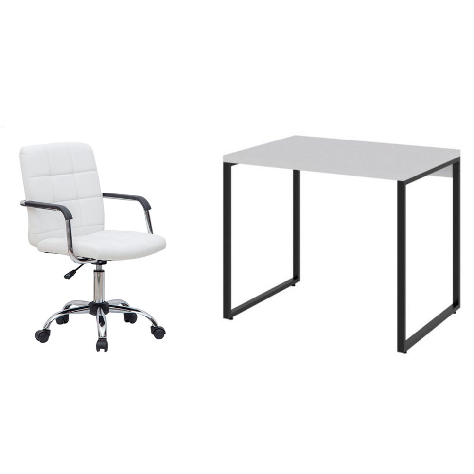 Conjunto de Mesa Kuadra Branca e Preta com Cadeira de Escritório Secretária Giratória Fitz Branca