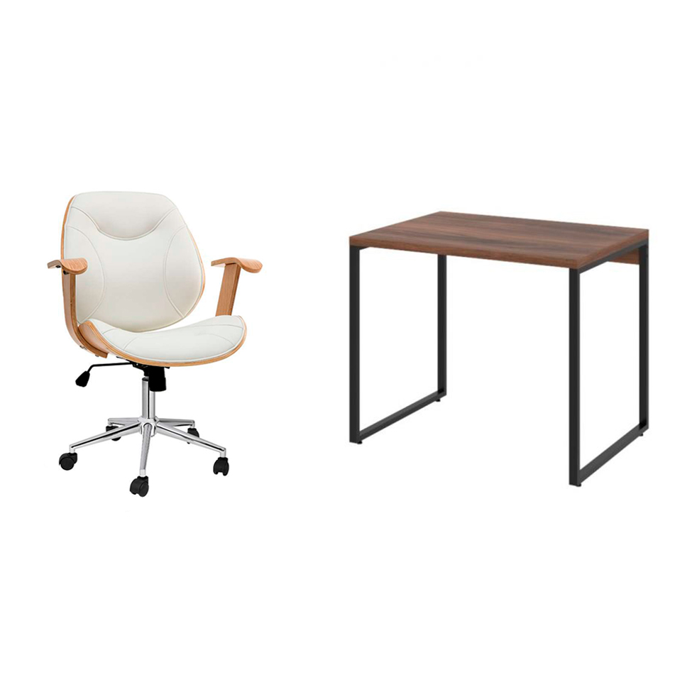 Conjunto de Mesa Kuadra Nogal com Cadeira de Escritório Diretor Giratória Antonella Branca