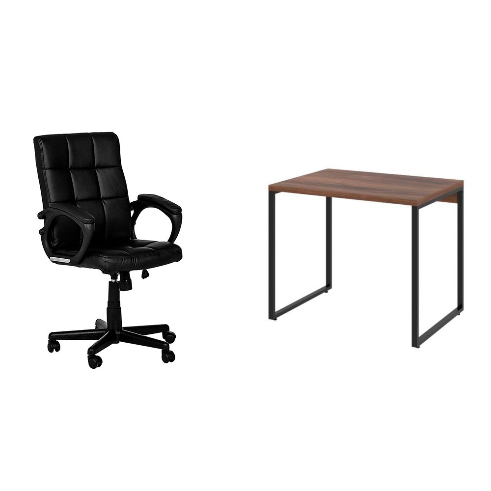 Conjunto de Mesa Kuadra Nogal com Cadeira de Escritório Diretor Giratória Charles Preta