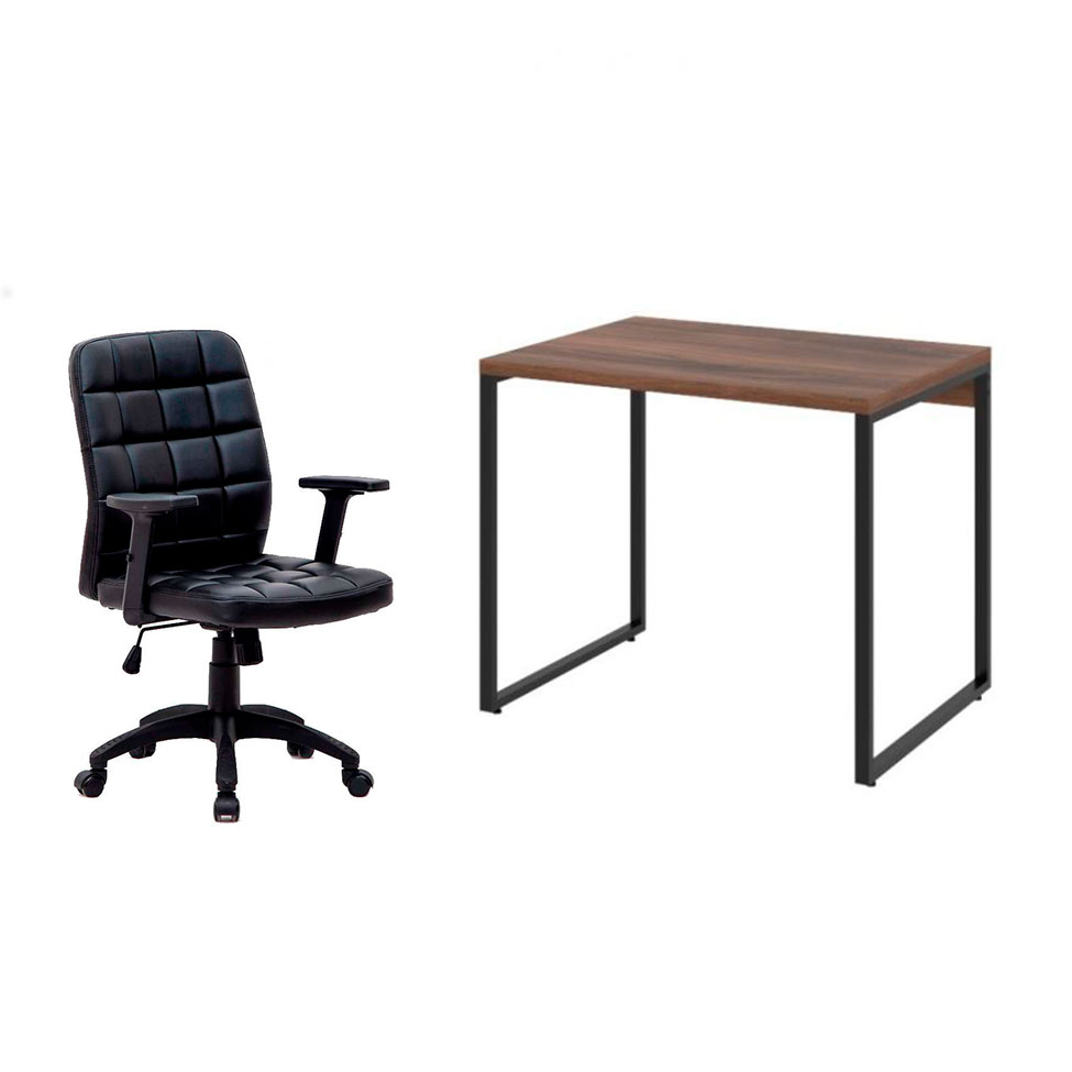 Conjunto de Mesa Kuadra Nogal com Cadeira de Escritório Diretor Giratória Fitz com Braços Ajustáveis Preta