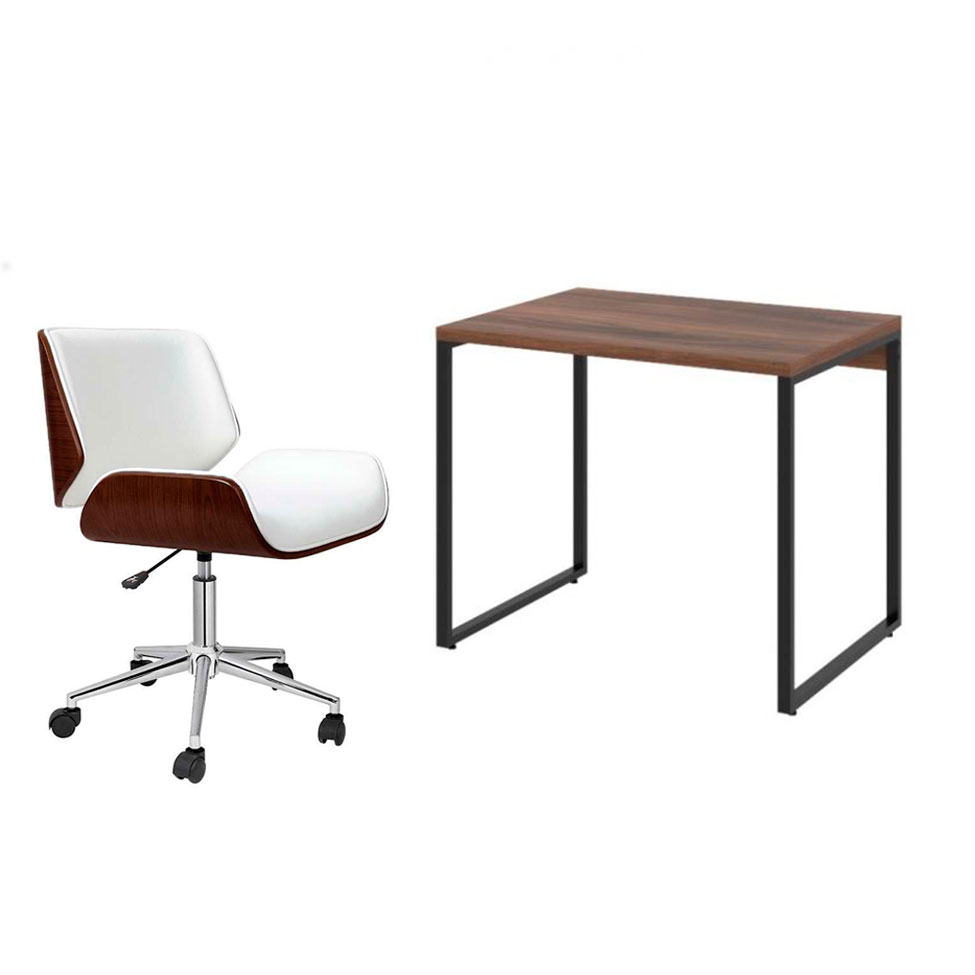 Conjunto de Mesa Kuadra Nogal com Cadeira de Escritório Diretor Giratória Lauren Branca