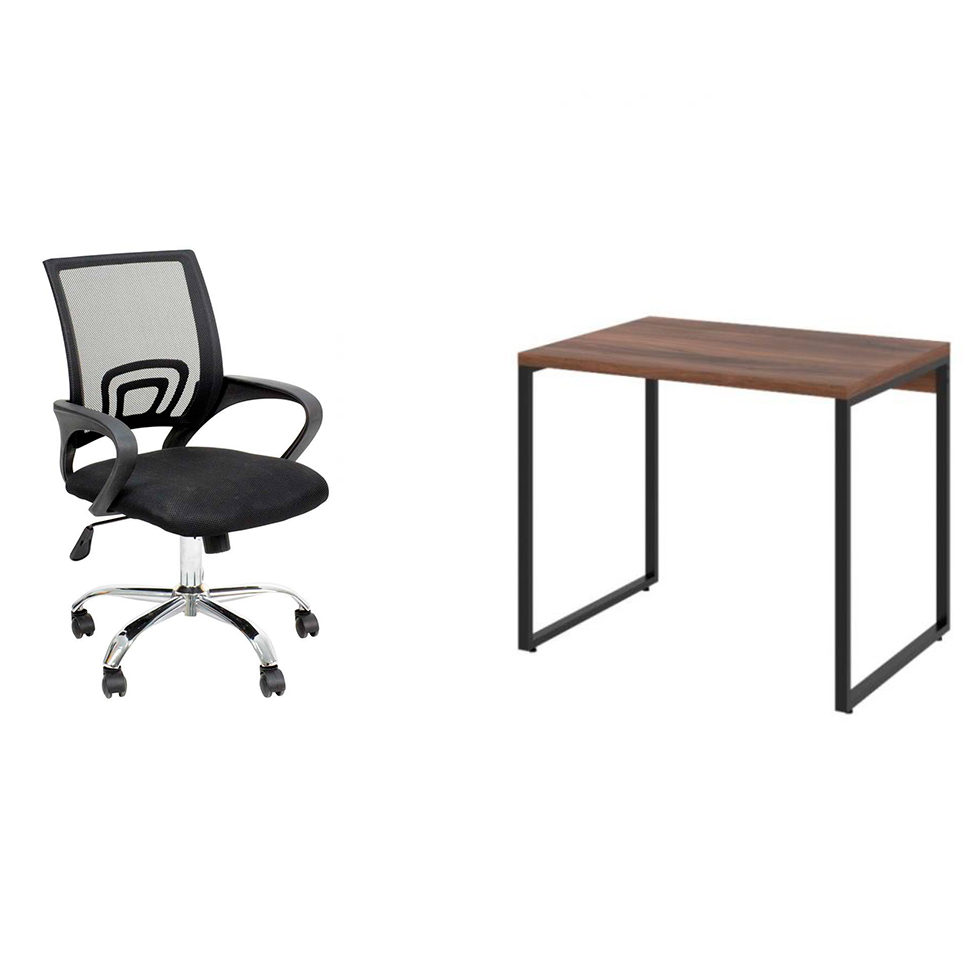 Conjunto de Mesa Kuadra Nogal com Cadeira de Escritório Secretária Giratória New Java Preta