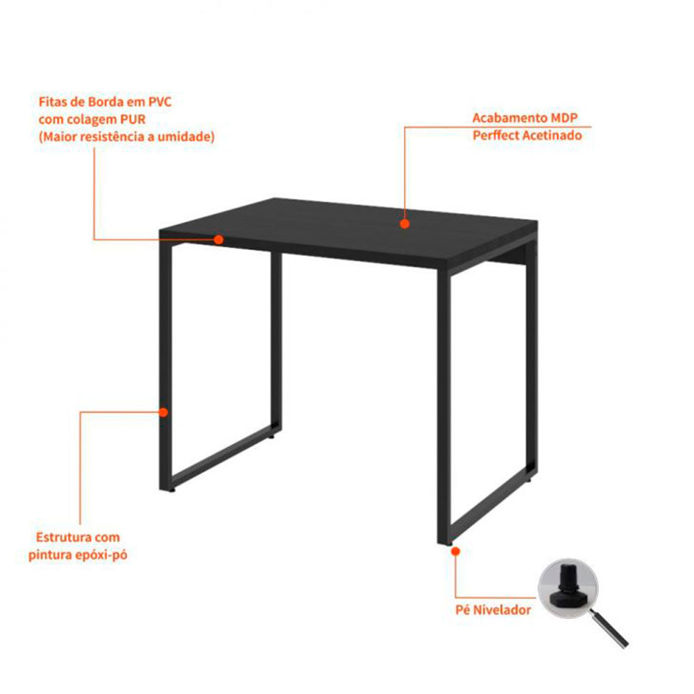 Conjunto de Mesa Kuadra Preta com Cadeira de Escritório Secretária Giratória Fitz Bege