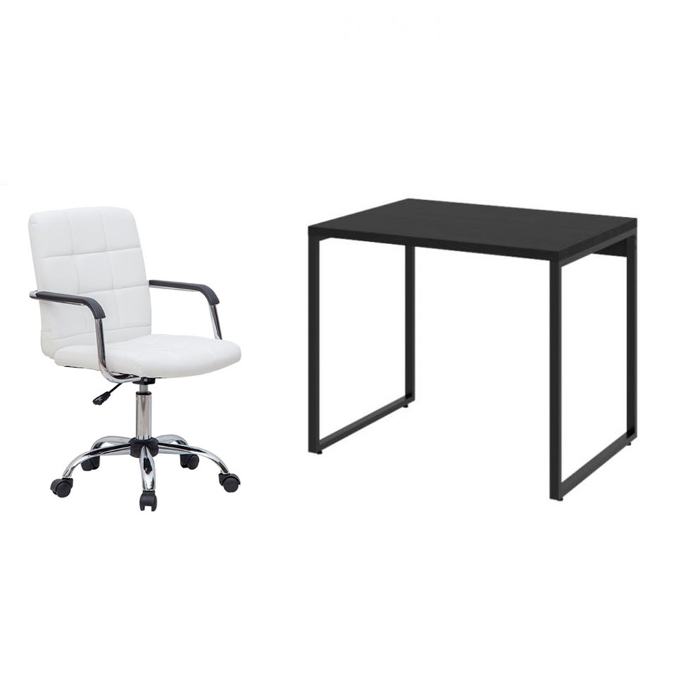 Conjunto de Mesa Kuadra Preta com Cadeira de Escritório Secretária Giratória Fitz Branca