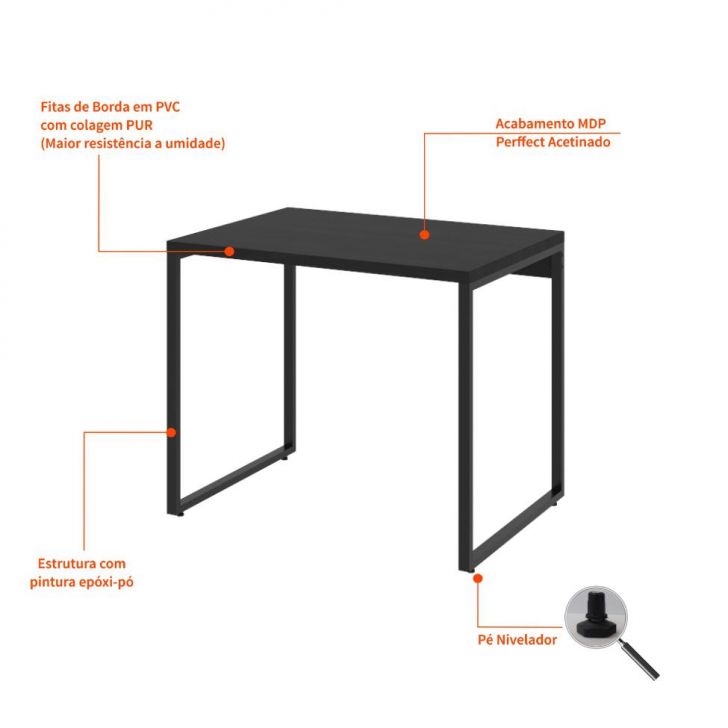 Conjunto de Mesa Kuadra Preta com Cadeira de Escritório Secretária Giratória Fitz Marrom