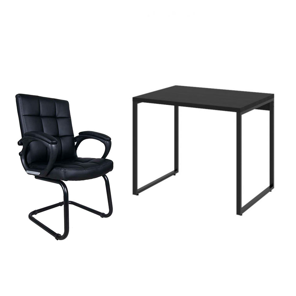 Conjunto de Mesa Kuadra com Cadeira de Escritório Interlocutor Fixa Charles Preta