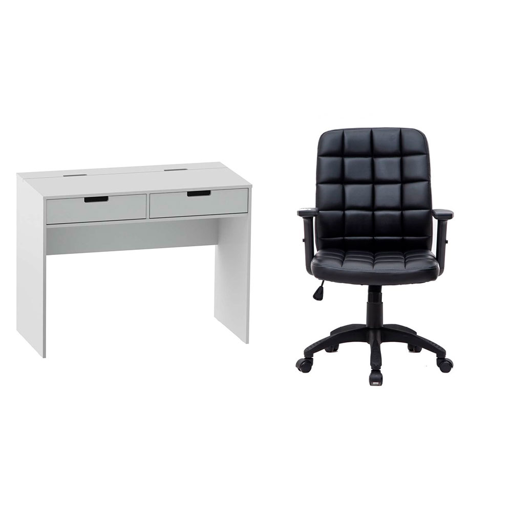 Conjunto de Mesa New Branca com Cadeira de Escritório Diretor Giratória Fitz com Braços Ajustáveis Preta