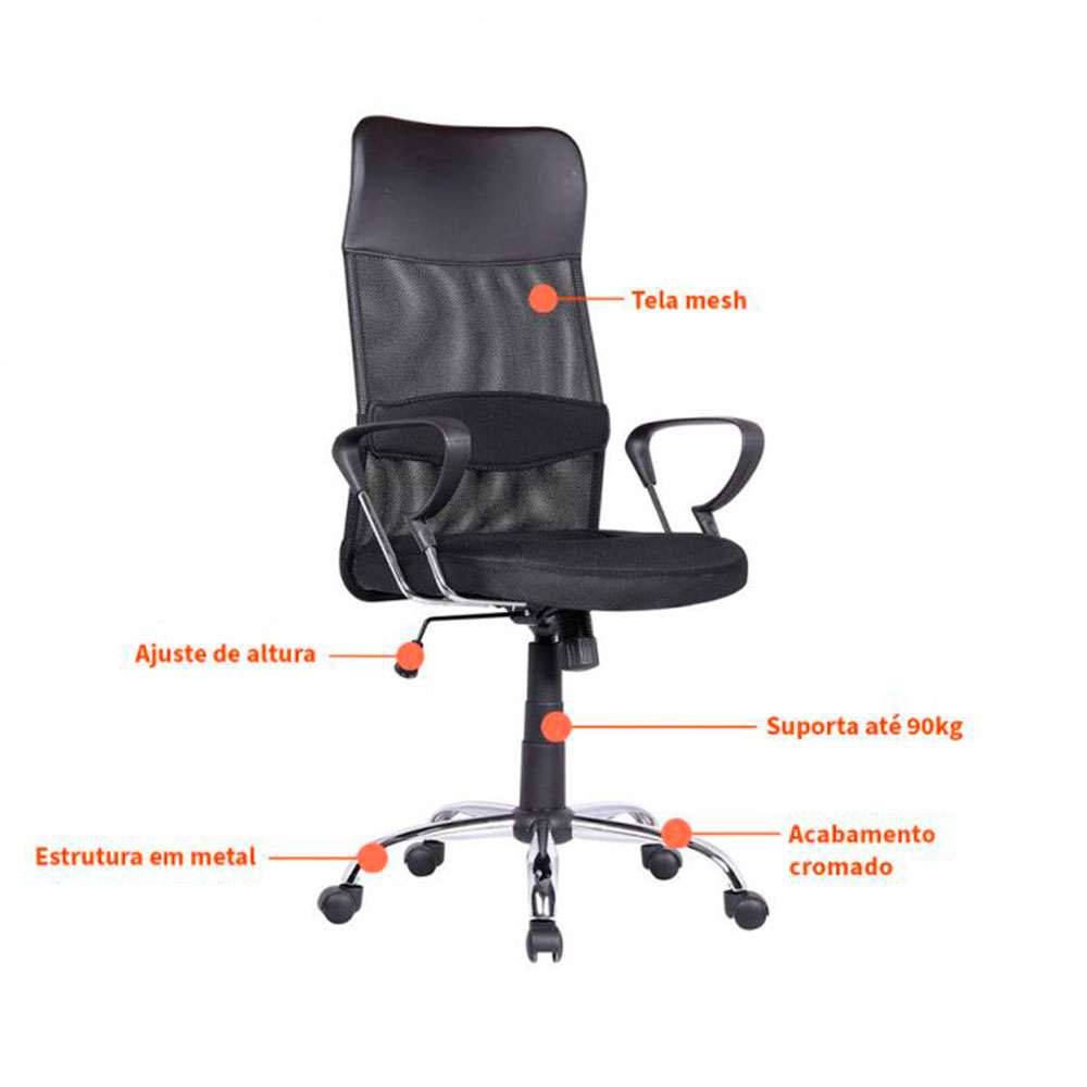 Conjunto de Mesa New Branca com Cadeira de Escritório Diretor Giratória Vancouver II com Braços Preta