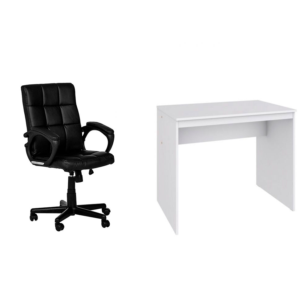Conjunto de Mesa Office Branca com Cadeira de Escritório Diretor Giratória Charles Preta