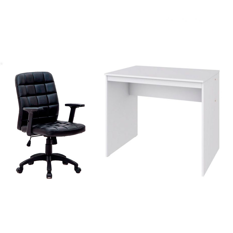 Conjunto de Mesa Office Branca com Cadeira de Escritório Diretor Giratória Fitz com Braços Ajustáveis Preta