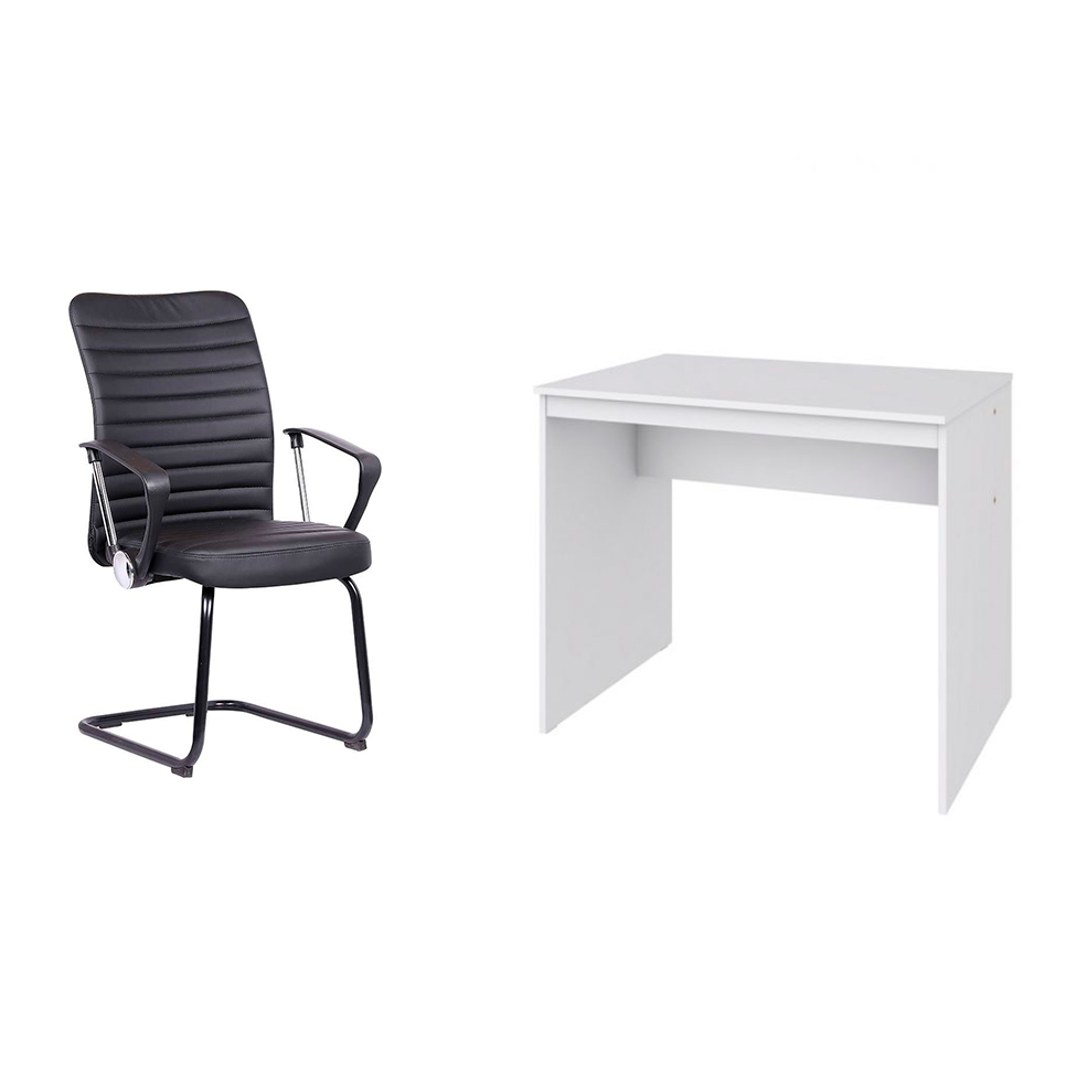 Conjunto de Mesa Office Branca com Cadeira de Escritório Interlocutor Fixa Oslo Preta