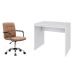 Conjunto de Mesa Office Branca com Cadeira de Escritório Secretária Giratória Fitz Marrom