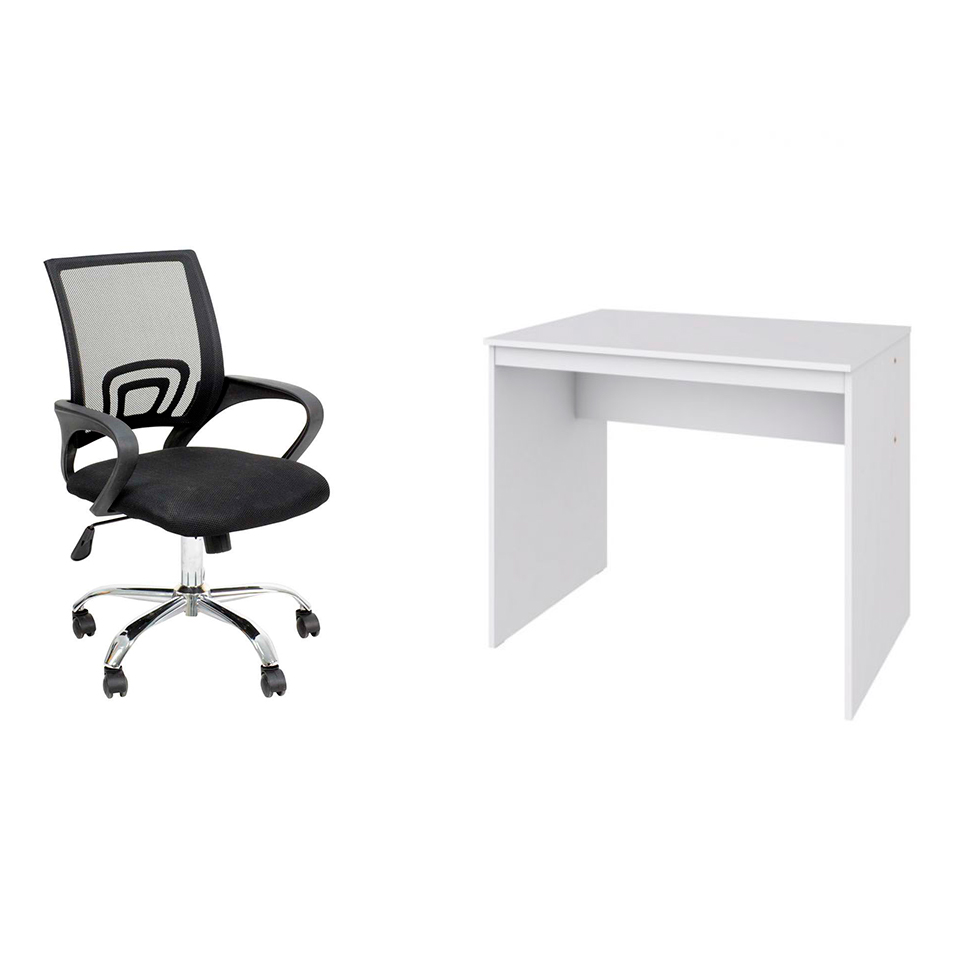 Conjunto de Mesa Office Branca com Cadeira de Escritório Secretária Giratória New Java Preta