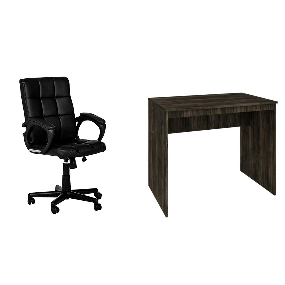 Conjunto de Mesa Office Carvalho Dark com Cadeira de Escritório Diretor Giratória Charles Preta