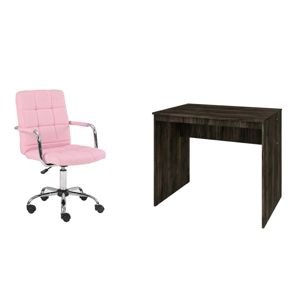 Conjunto de Mesa Office Carvalho Dark com Cadeira de Escritório Secretária Giratória Fitz Rosa
