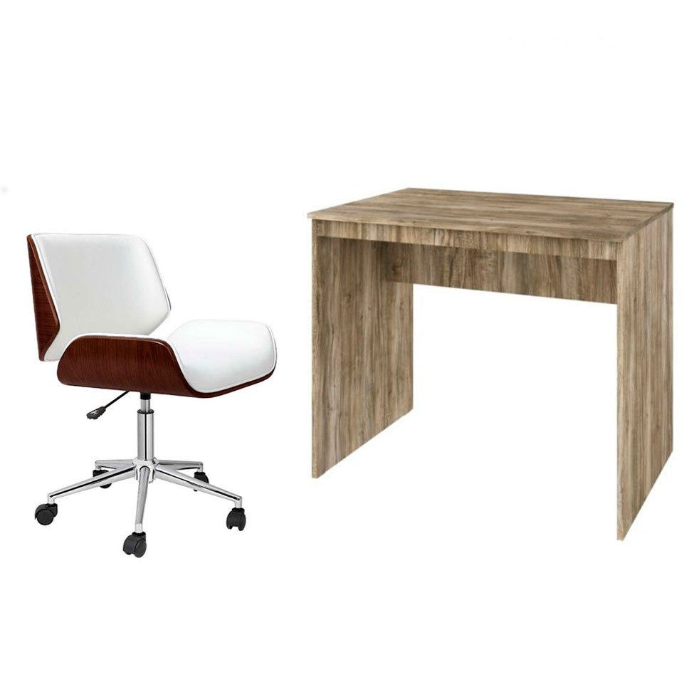 Conjunto de Mesa Office Carvalho com Cadeira de Escritório Diretor Giratória Lauren Branca