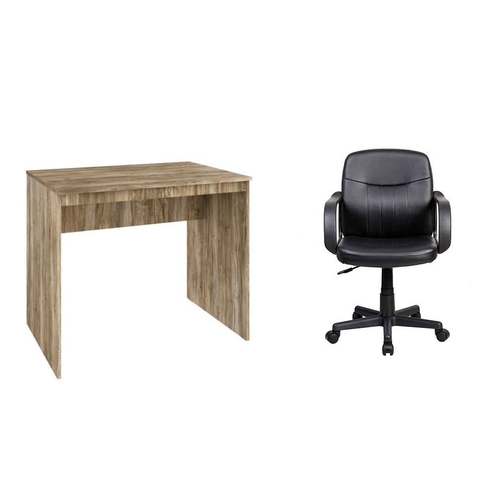 Conjunto de Mesa Office Carvalho com Cadeira de Escritório Secretária Giratória Clean Preta