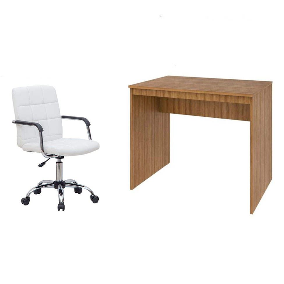 Conjunto de Mesa Office Mel com Cadeira de Escritório Secretária Giratória Fitz Branca
