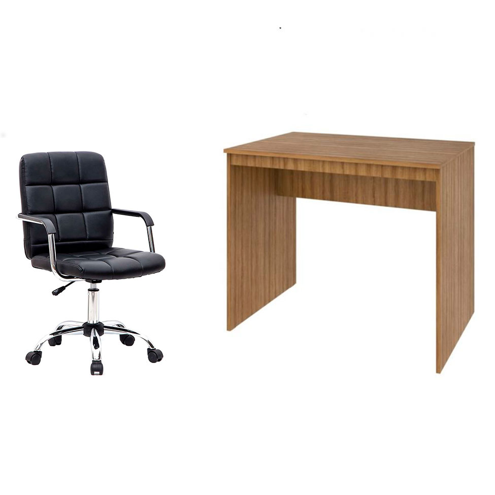 Conjunto de Mesa Office Mel com Cadeira de Escritório Secretária Giratória Fitz Preta