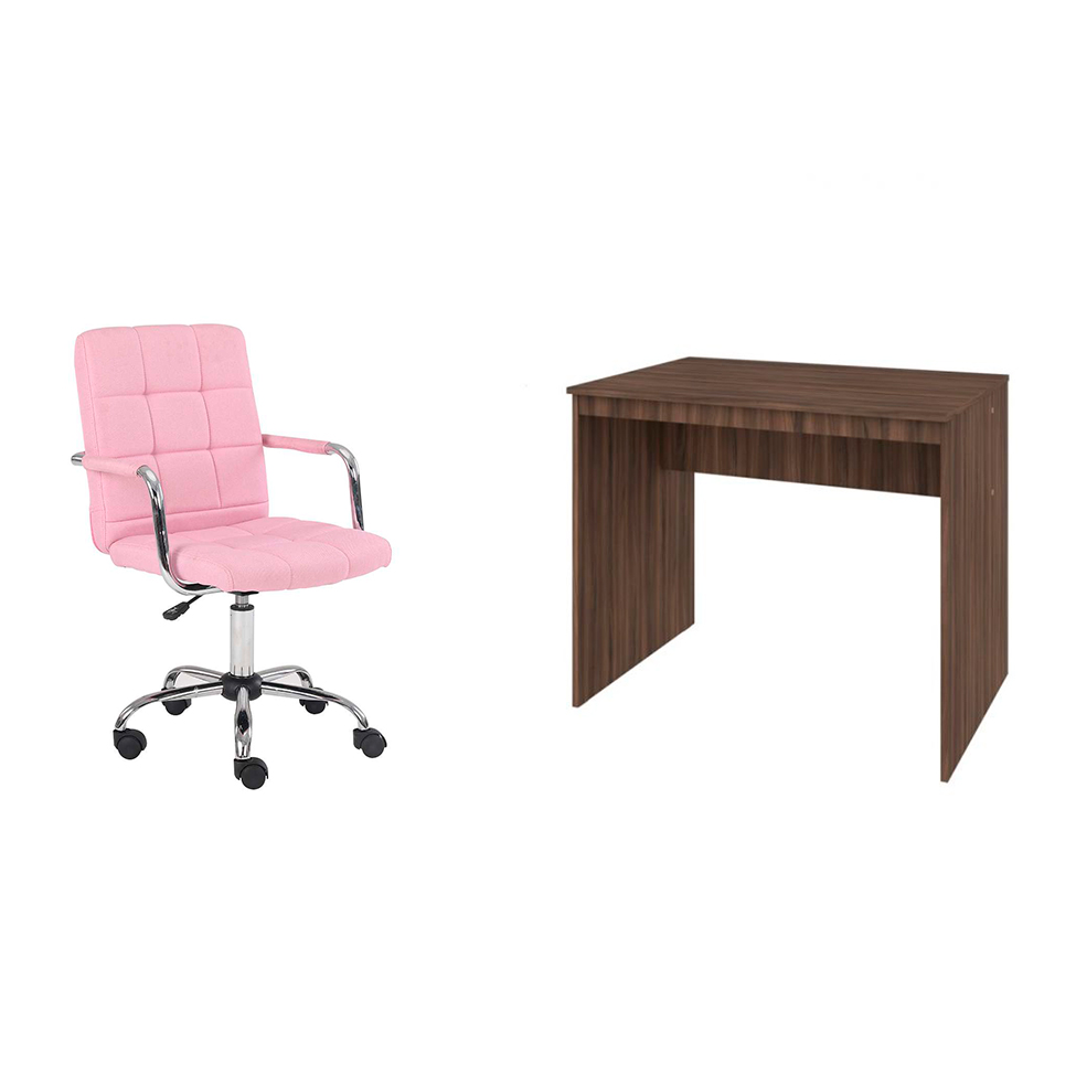 Conjunto de Mesa Office Nogal com Cadeira de Escritório Secretária Giratória Fitz Rosa