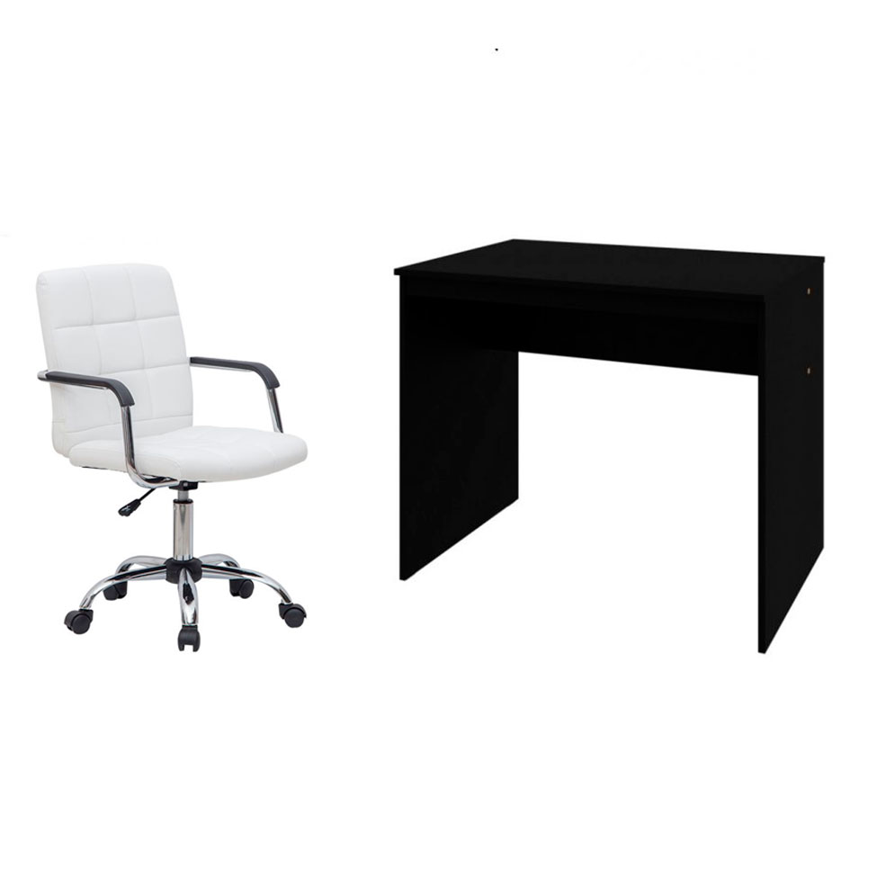 Conjunto de Mesa Office Preta com Cadeira de Escritório Secretária Giratória Fitz Branca