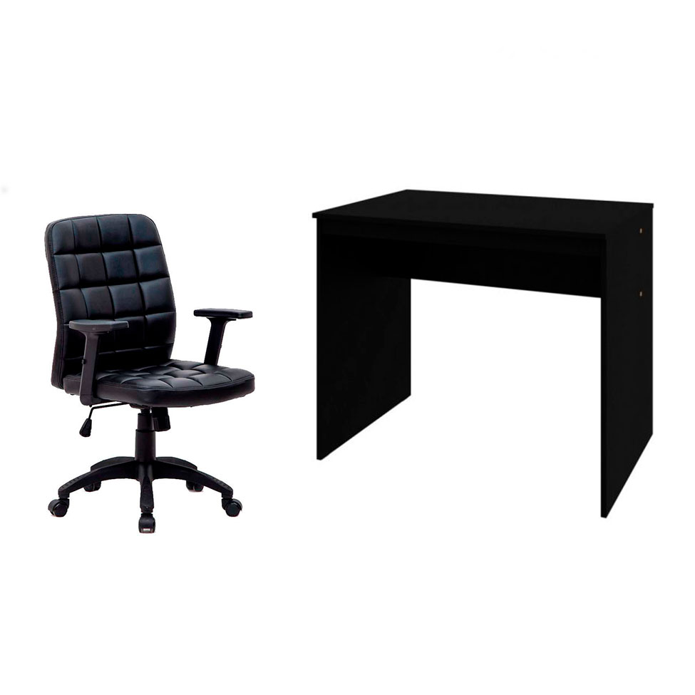 Conjunto de Mesa Office com Cadeira de Escritório Diretor Giratória Fitz com Braços Ajustáveis Preta