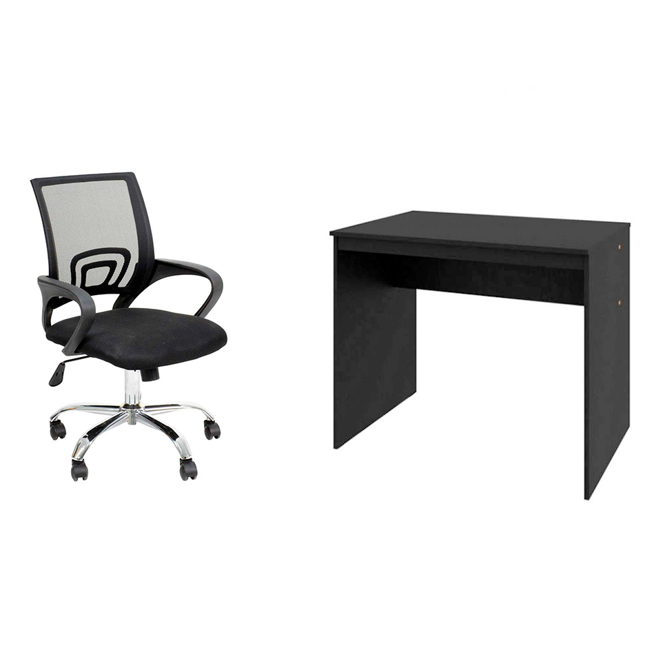 Conjunto de Mesa Office com Cadeira de Escritório Secretária Giratória New Java Preta