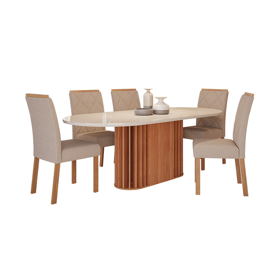 Conjunto de Mesa Oval com Tampo de Vidro Off White Julieta e 6 Cadeiras Fernanda Linho Bege e Cinamomo