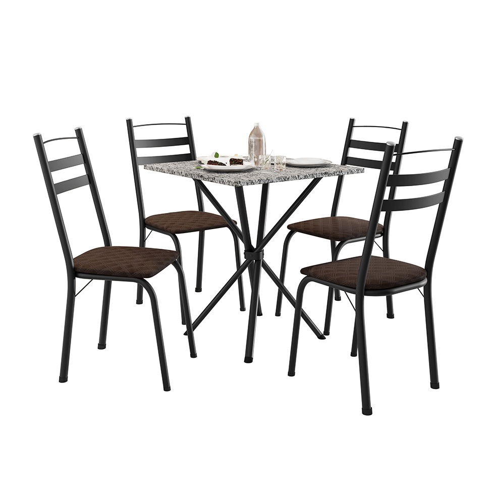 Conjunto de Mesa Quadrada com Tampo Granito e 4 Cadeiras Léia II Revestimento Sintético Preto e Cacau