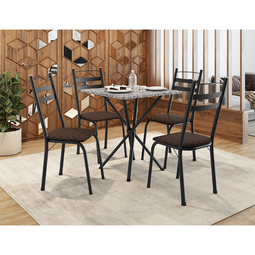 Conjunto de Mesa Quadrada com Tampo Granito e 4 Cadeiras Léia II Revestimento Sintético Preto e Cacau