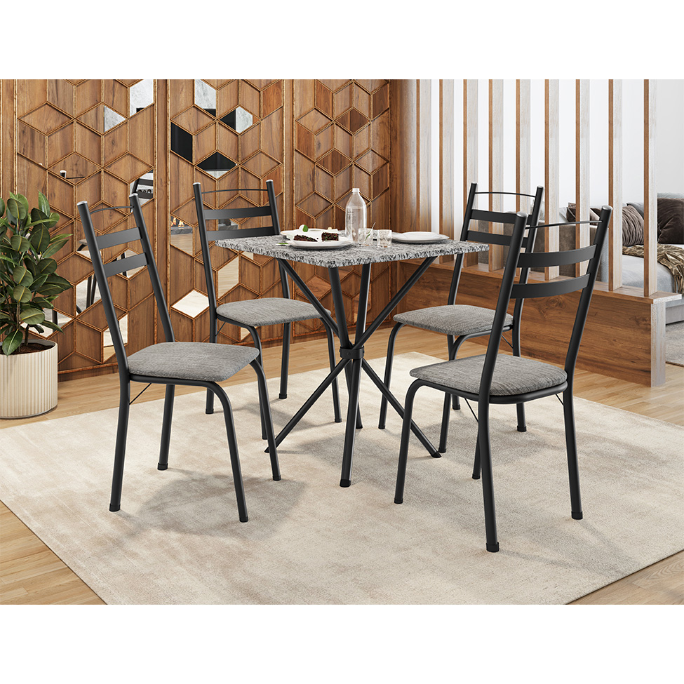 Conjunto de Mesa Quadrada com Tampo Granito e 4 Cadeiras Léia II Revestimento Sintético Preto e Grafiato