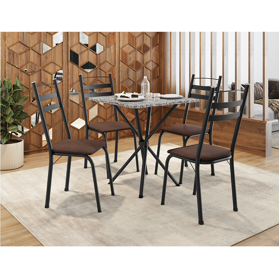 Conjunto de Mesa Quadrada com Tampo Granito e 4 Cadeiras Léia II Revestimento Sintético Preto e Imbuia