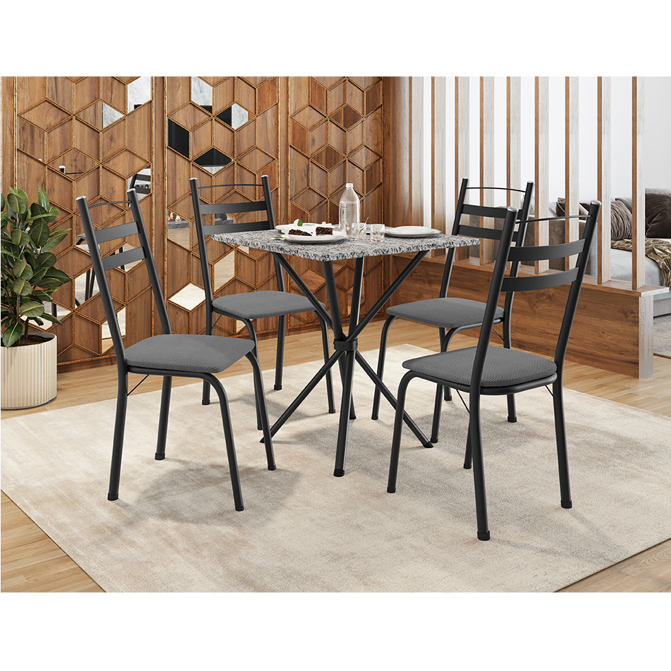 Conjunto de Mesa Quadrada com Tampo Granito e 4 Cadeiras Léia II Revestimento Sintético Preto e Platina