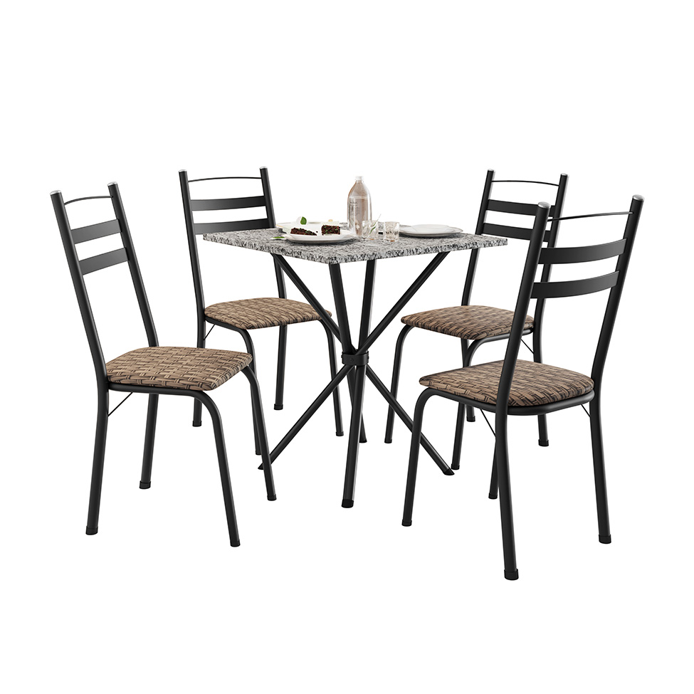 Conjunto de Mesa Quadrada com Tampo Granito e 4 Cadeiras Léia II Revestimento Sintético Preto e Rattan