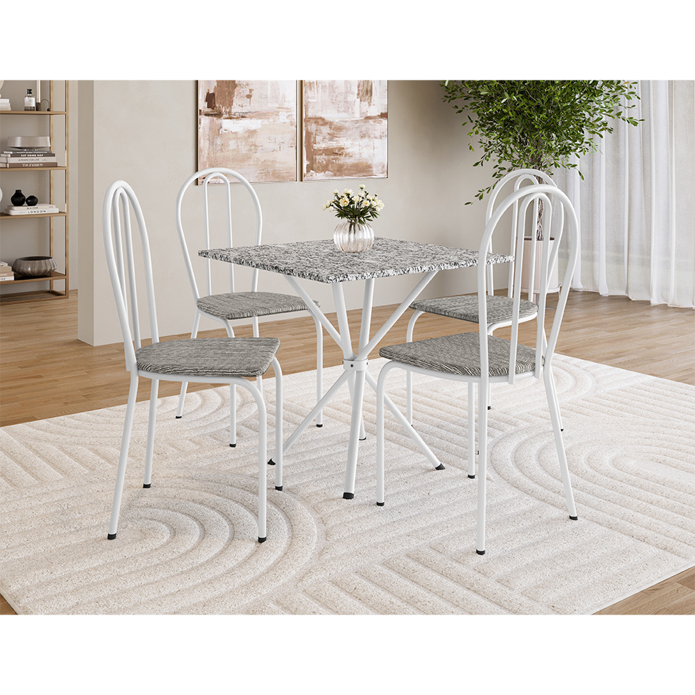 Conjunto de Mesa Quadrada com Tampo Granito e 4 Cadeiras Léia Revestimento Sintético Branco e Grafiato
