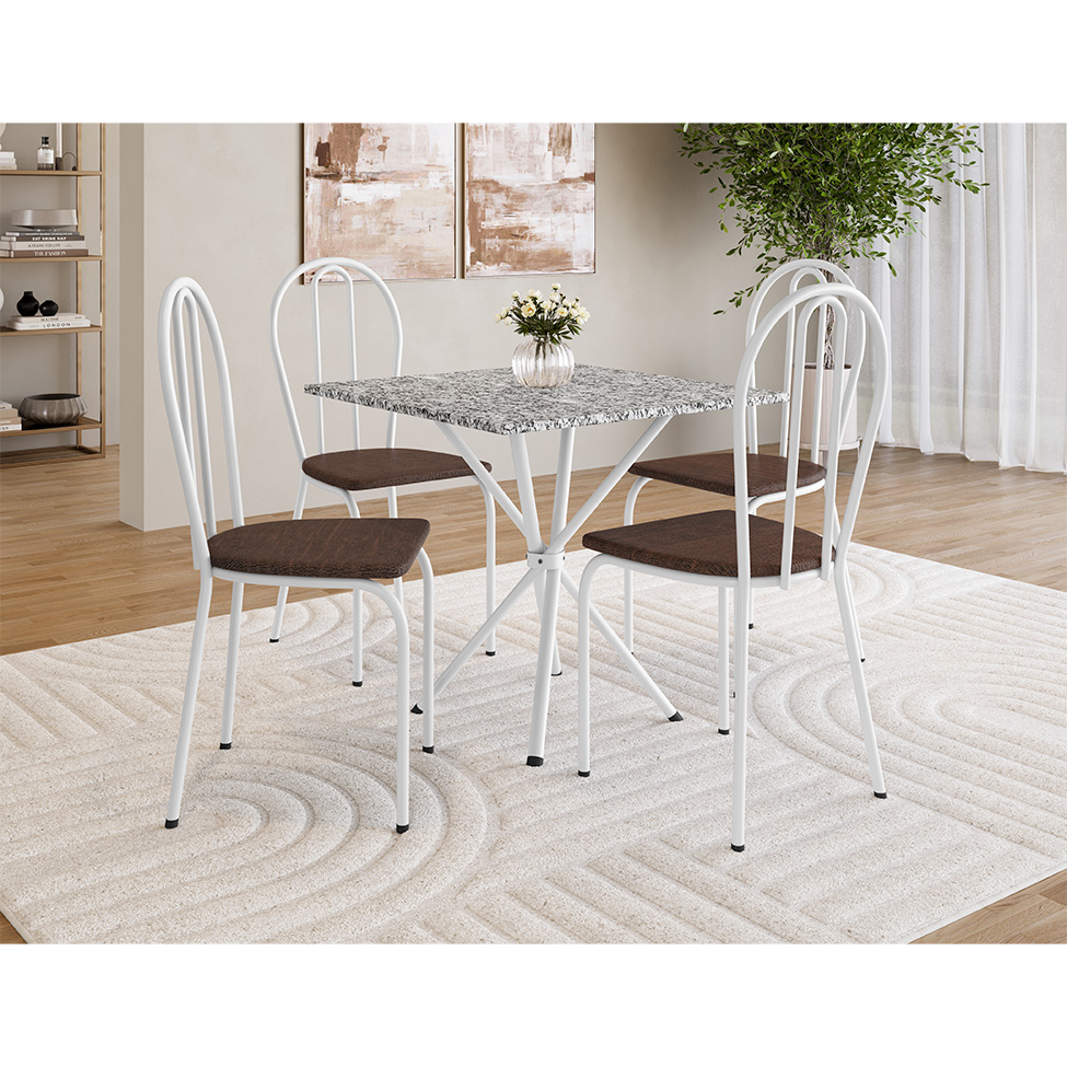 Conjunto de Mesa Quadrada com Tampo Granito e 4 Cadeiras Léia Revestimento Sintético Branco e Imbuia