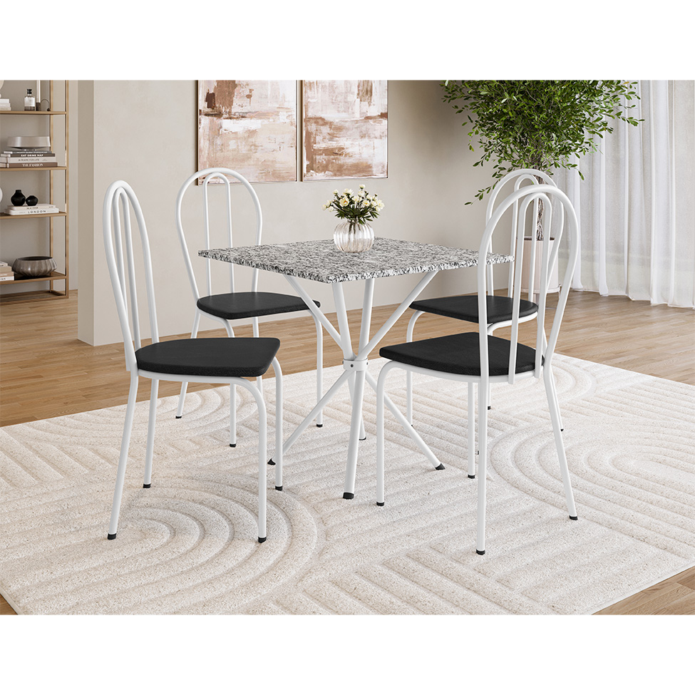 Conjunto de Mesa Quadrada com Tampo Granito e 4 Cadeiras Léia Revestimento Sintético Branco e Preto