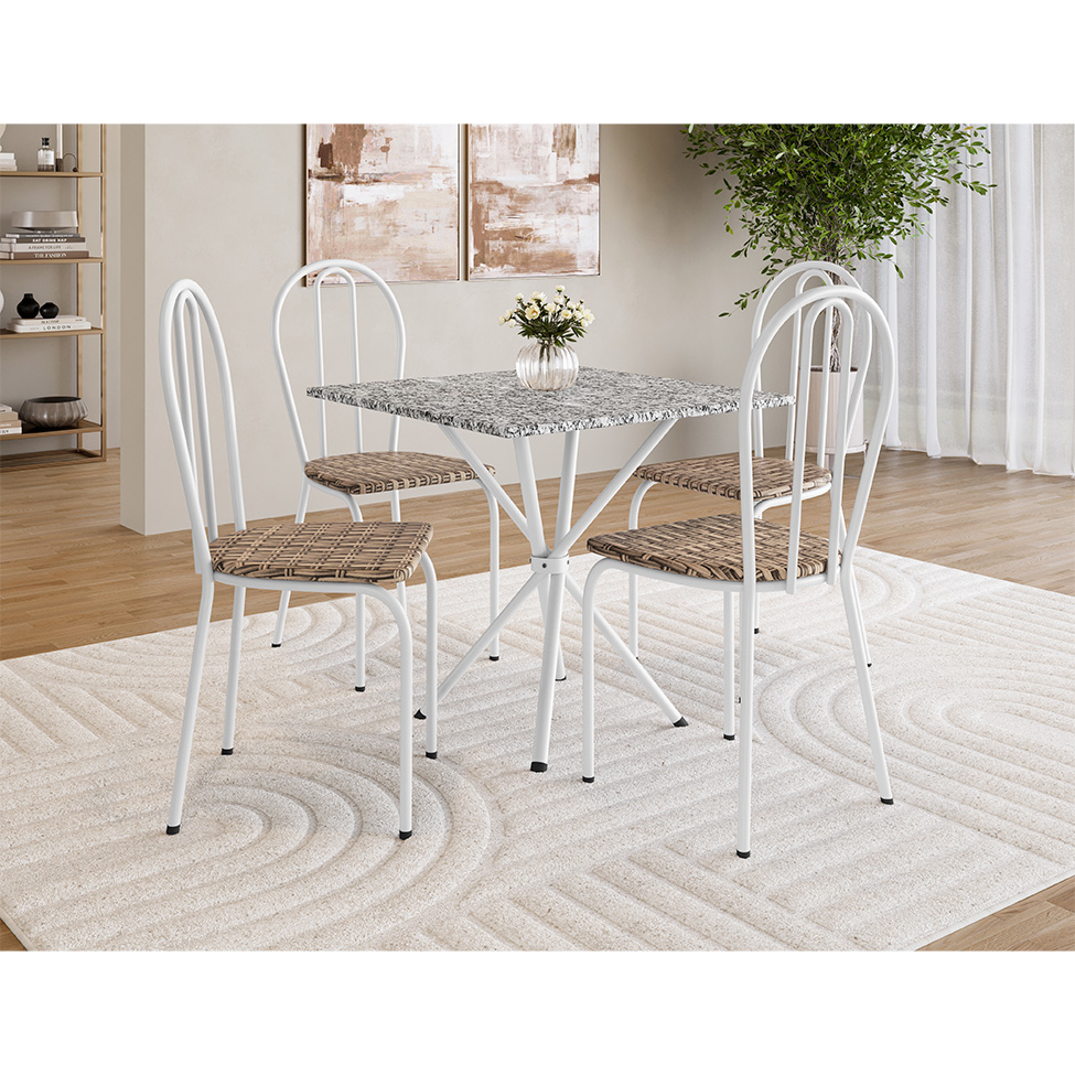Conjunto de Mesa Quadrada com Tampo Granito e 4 Cadeiras Léia Revestimento Sintético Branco e Rattan