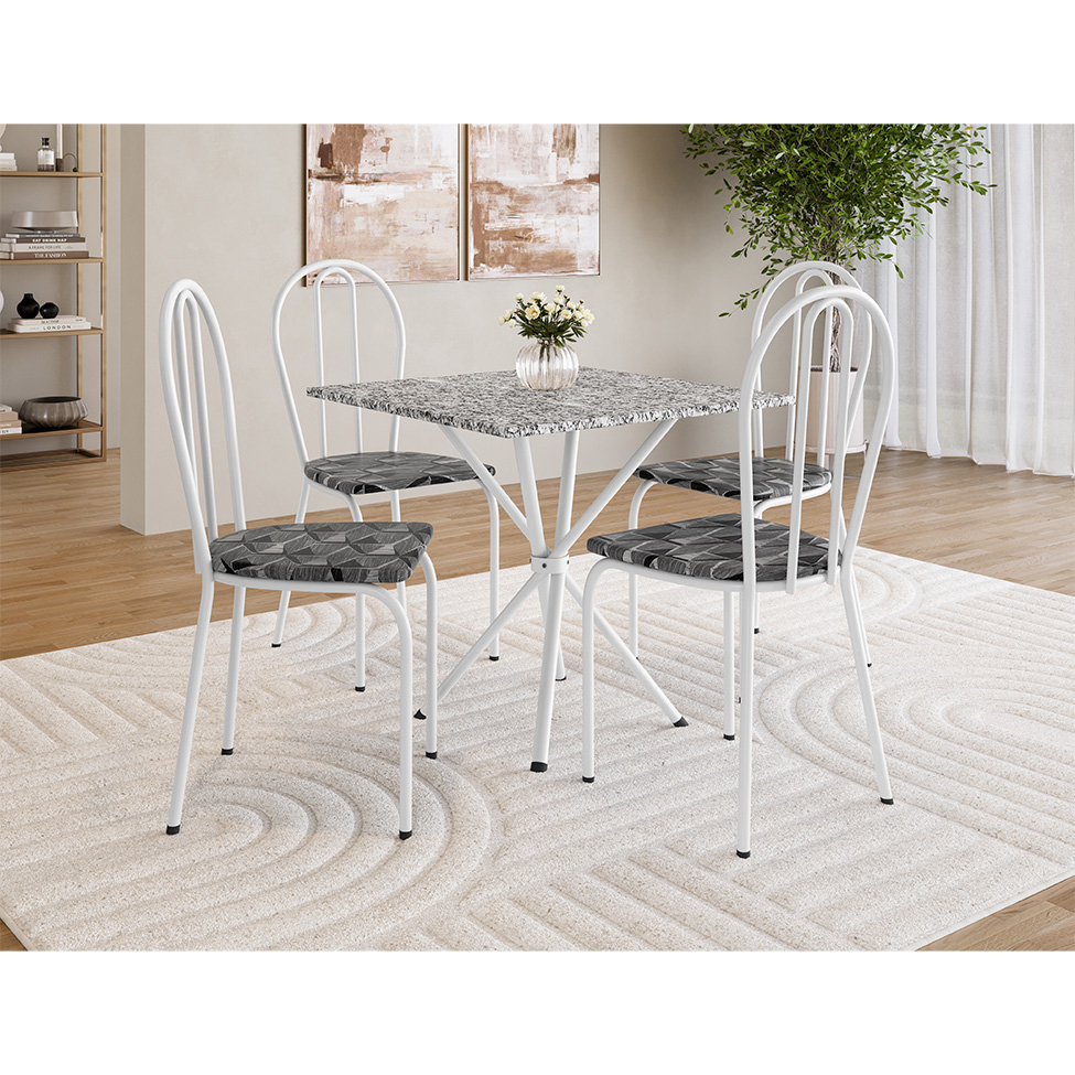 Conjunto de Mesa Quadrada com Tampo Granito e 4 Cadeiras Léia Revestimento Sintético Branco e Silver