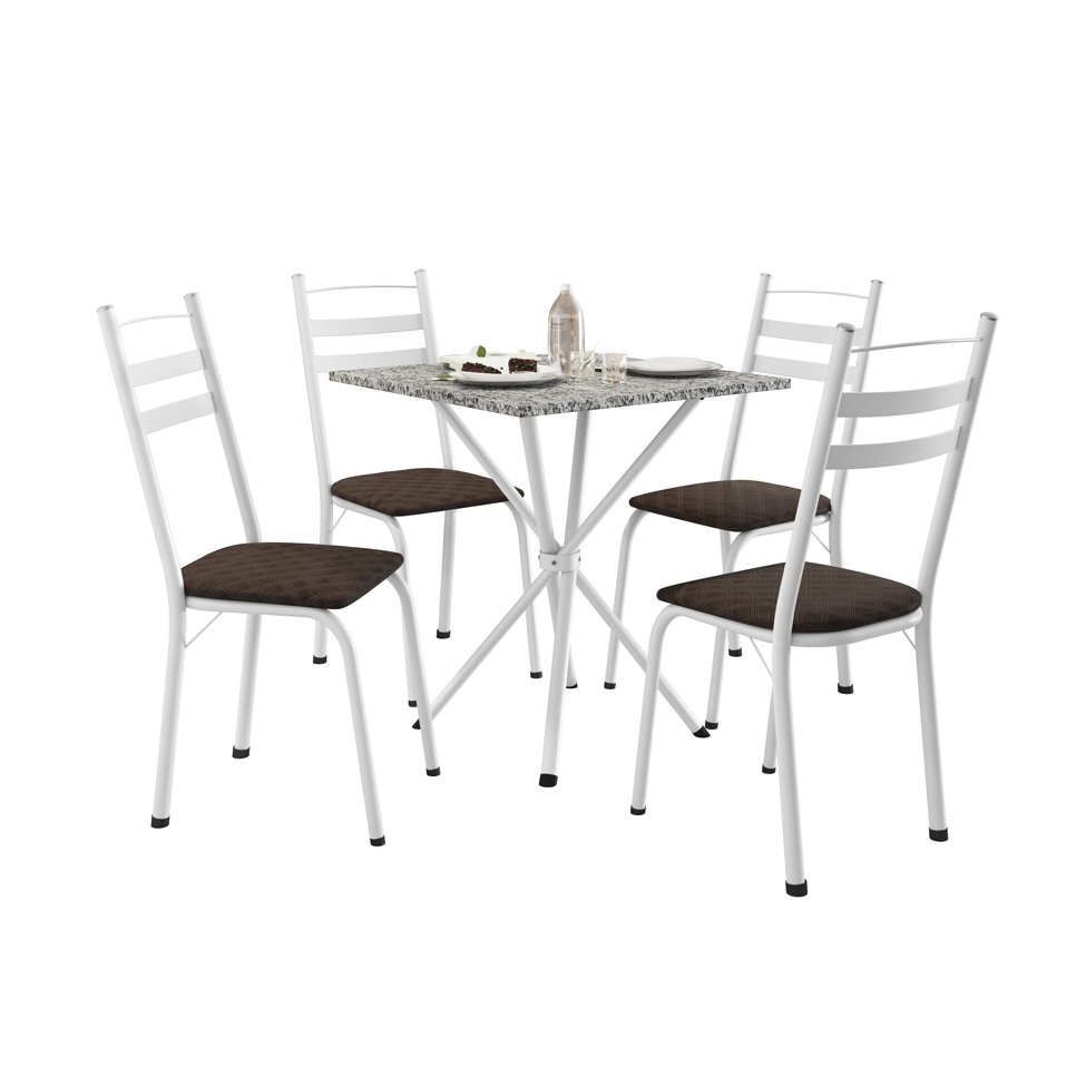 Conjunto de Mesa Quadrada com Tampo Granito e 4 Cadeiras Léia Revestimento Sintético Cacau e Branco