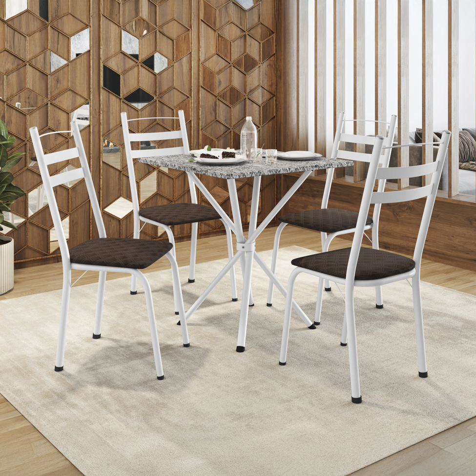 Conjunto de Mesa Quadrada com Tampo Granito e 4 Cadeiras Léia Revestimento Sintético Cacau e Branco