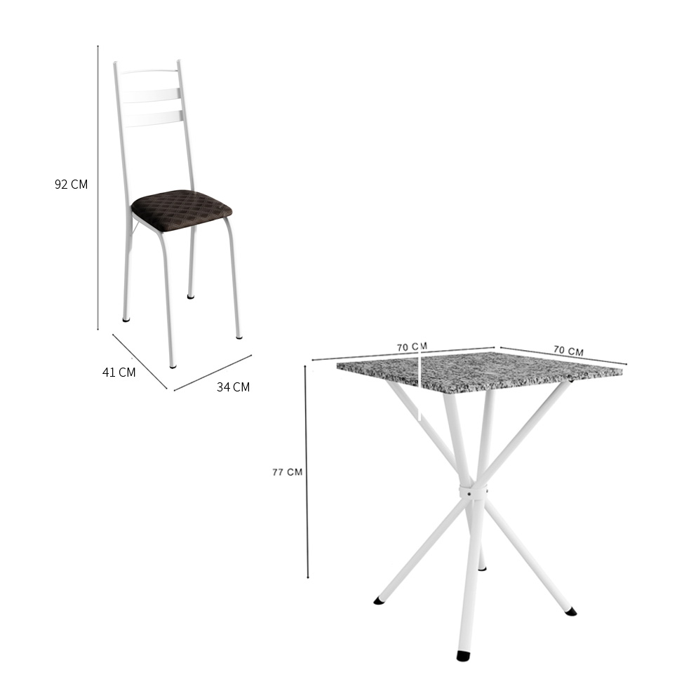 Conjunto de Mesa Quadrada com Tampo Granito e 4 Cadeiras Léia Revestimento Sintético Cacau e Branco