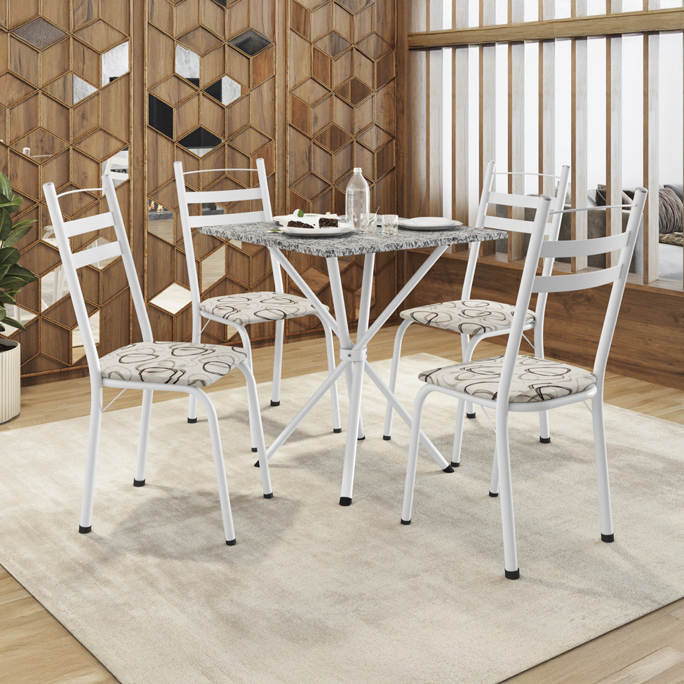 Conjunto de Mesa Quadrada com Tampo Granito e 4 Cadeiras Léia Revestimento Sintético Cedro e Branco