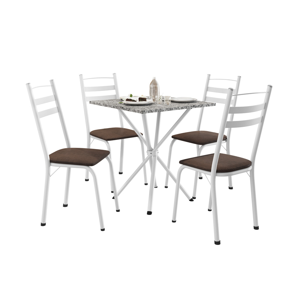 Conjunto de Mesa Quadrada com Tampo Granito e 4 Cadeiras Léia Revestimento Sintético Imbuia e Branco