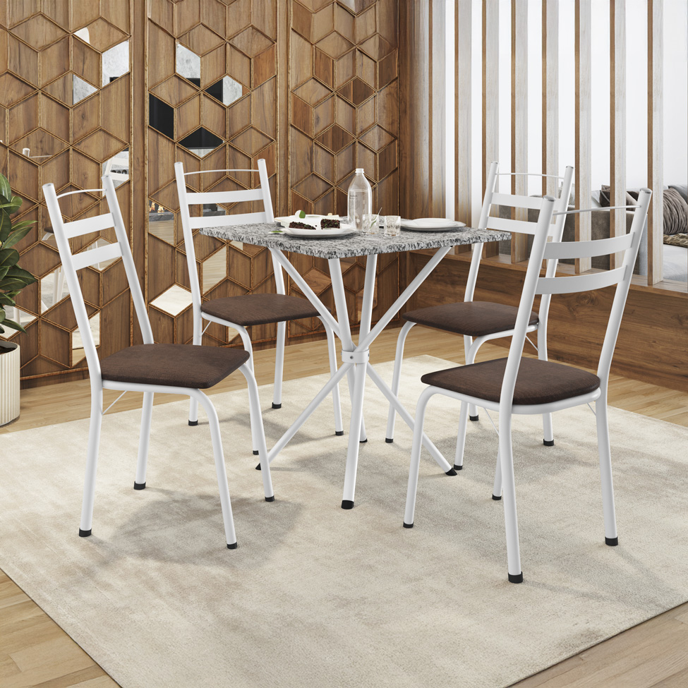 Conjunto de Mesa Quadrada com Tampo Granito e 4 Cadeiras Léia Revestimento Sintético Imbuia e Branco