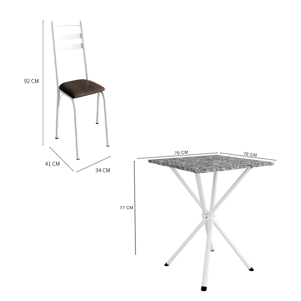 Conjunto de Mesa Quadrada com Tampo Granito e 4 Cadeiras Léia Revestimento Sintético Imbuia e Branco