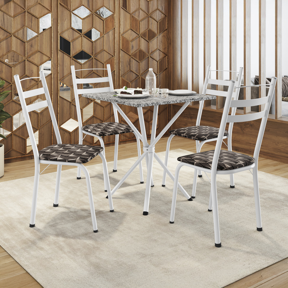 Conjunto de Mesa Quadrada com Tampo Granito e 4 Cadeiras Léia Revestimento Sintético Mosaico Palha e Branco