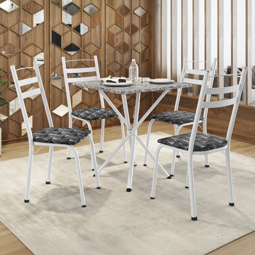 Conjunto de Mesa Quadrada com Tampo Granito e 4 Cadeiras Léia Revestimento Sintético Mosaico Silver e Branco