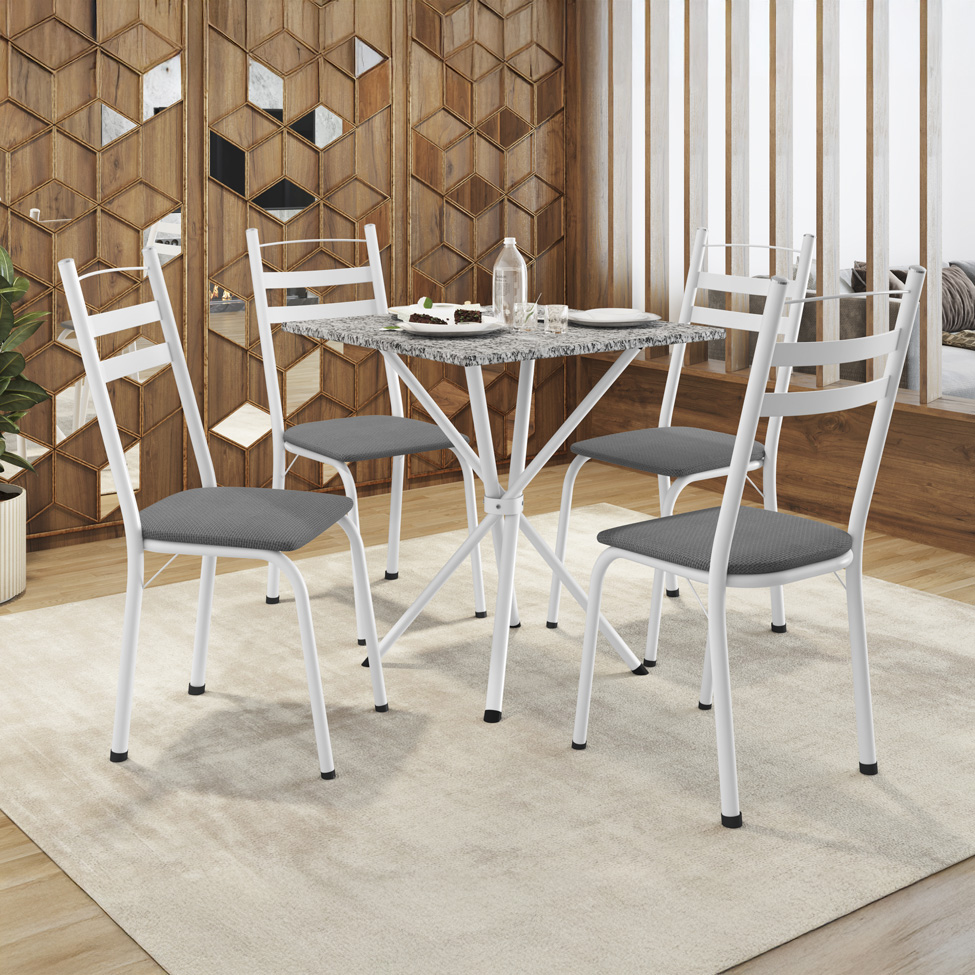 Conjunto de Mesa Quadrada com Tampo Granito e 4 Cadeiras Léia Revestimento Sintético Platina e Branco
